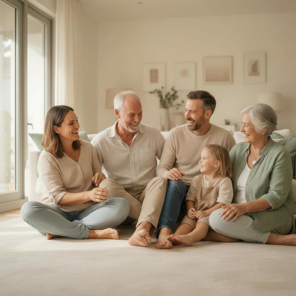 Multigenerational family sharing a warm moment at home.